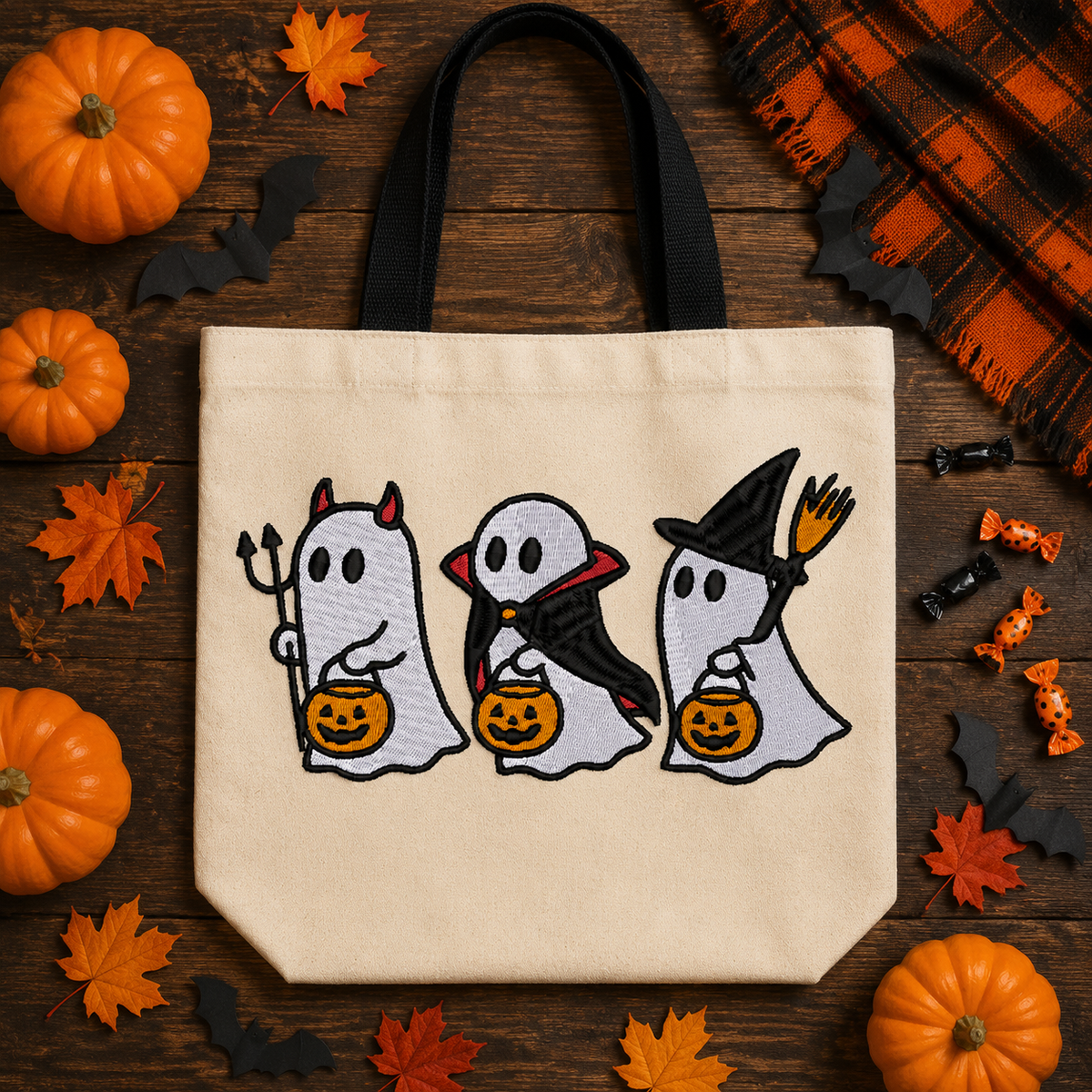Trick or Treating Ghost Trio Embroidery Design File | Digital Download | 6 Sizes & 7 Formats Included Threaded Dreams