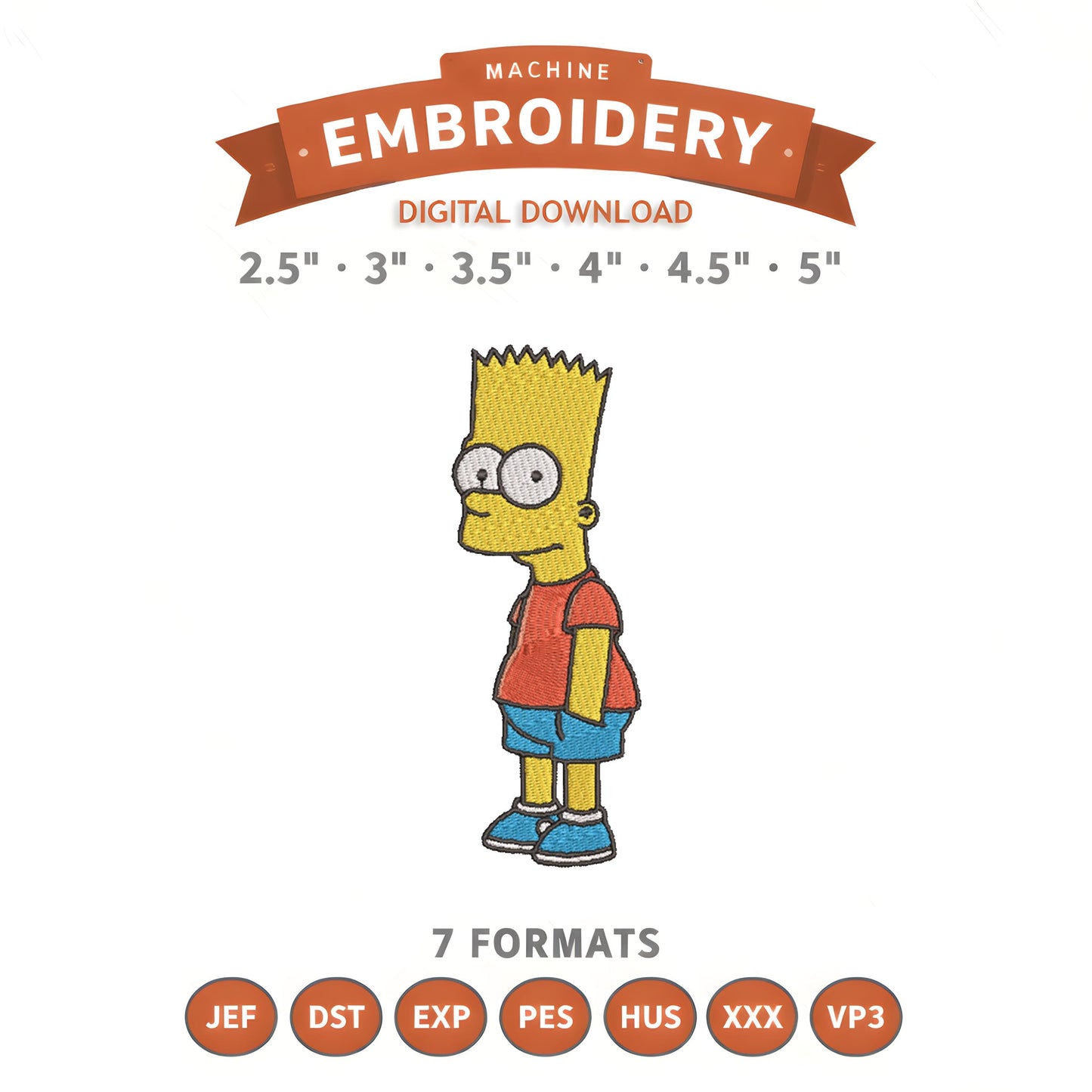 Bart Simpson Embroidery Design File | Digital Download | 6 Sizes & 7 Formats Included