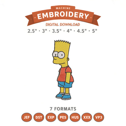 Bart Simpson Embroidery Design File | Digital Download | 6 Sizes & 7 Formats Included