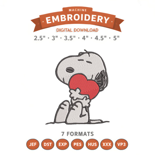 Snoopy Love Embroidery Design File | Digital Download | 6 Sizes & 7 Formats Included