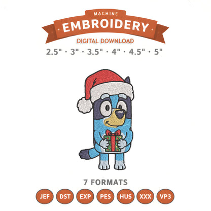 Bluey Christmas Gift Embroidery Design File | Digital Download | 6 Sizes & 7 Formats Included