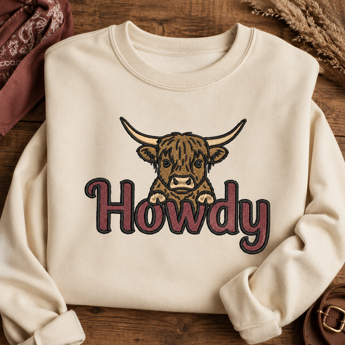 Howdy Highland Cow Embroidery Design File | Digital Download | 6 Sizes & 7 Formats Included Threaded Dreams