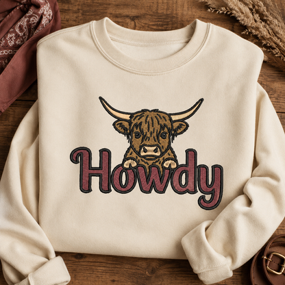 Howdy Highland Cow Embroidery Design File | Digital Download | 6 Sizes & 7 Formats Included Threaded Dreams
