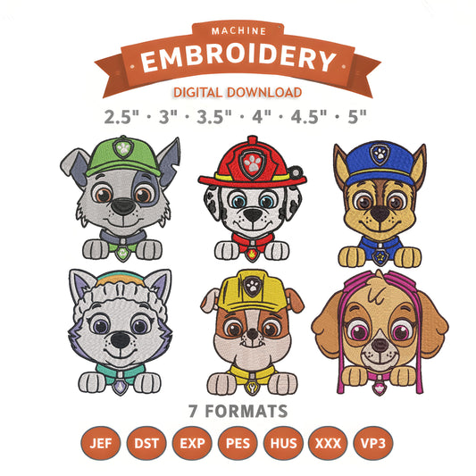 Paw Patrol 6 Pack Bundle Embroidery Design File | Digital Download | 6 Sizes & 7 Formats Included
