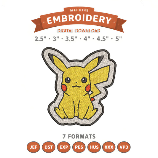 Pikachu Pokémon Embroidery Design File | Digital Download | 6 Sizes & 7 Formats Included