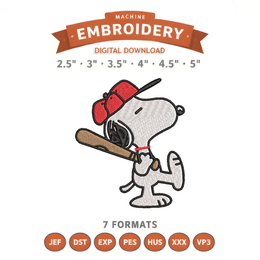 Snoopy Baseball Embroidery Design File | Digital Download | 6 Sizes & 7 Formats Included