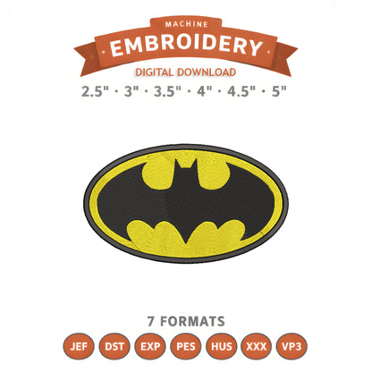 Batman Superhero Embroidery Design File | Digital Download | 6 Sizes & 7 Formats Included