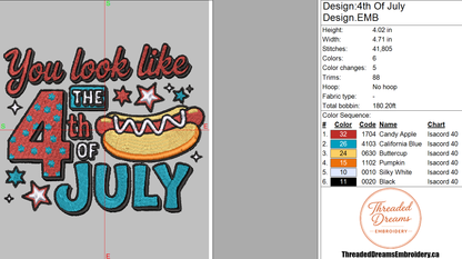You Look Like The 4th Of July Embroidery Design File | Digital Download | 6 Sizes & 7 Formats Included Threaded Dreams