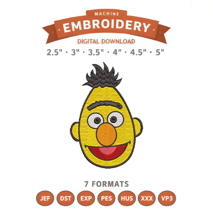 Bert Sesame Street Embroidery Design File | Digital Download | 6 Sizes & 7 Formats Included