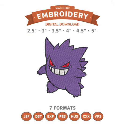 Pokémon Gengar Embroidery Design File | Digital Download | 6 Sizes & 7 Formats Included