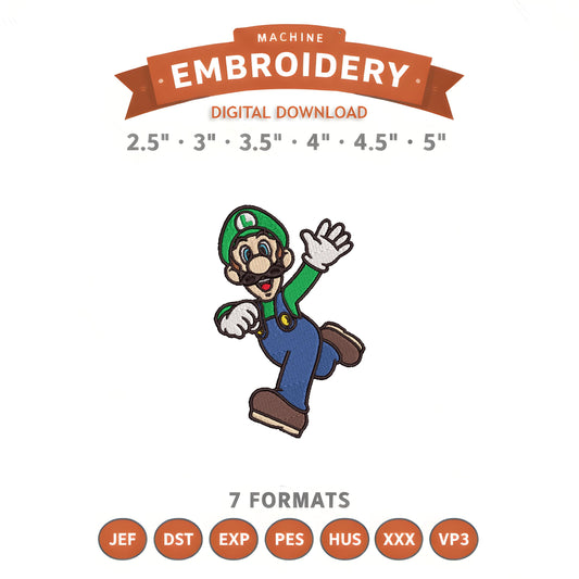 Luigi Embroidery Design File | Digital Download | 6 Sizes & 7 Formats Included