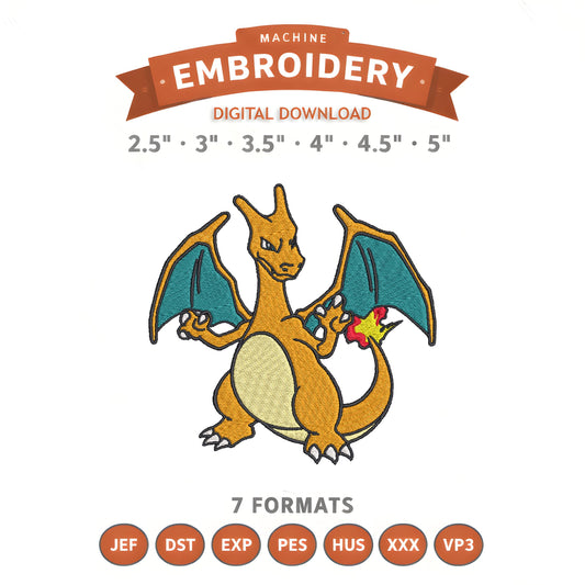 Pokémon Charizard Embroidery Design File | Digital Download | 6 Sizes & 7 Formats Included