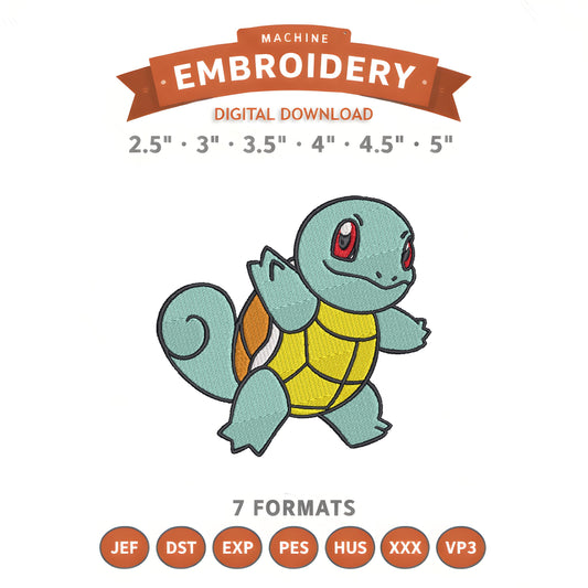 Pokémon Squirtle Embroidery Design File | Digital Download | 6 Sizes & 7 Formats Included