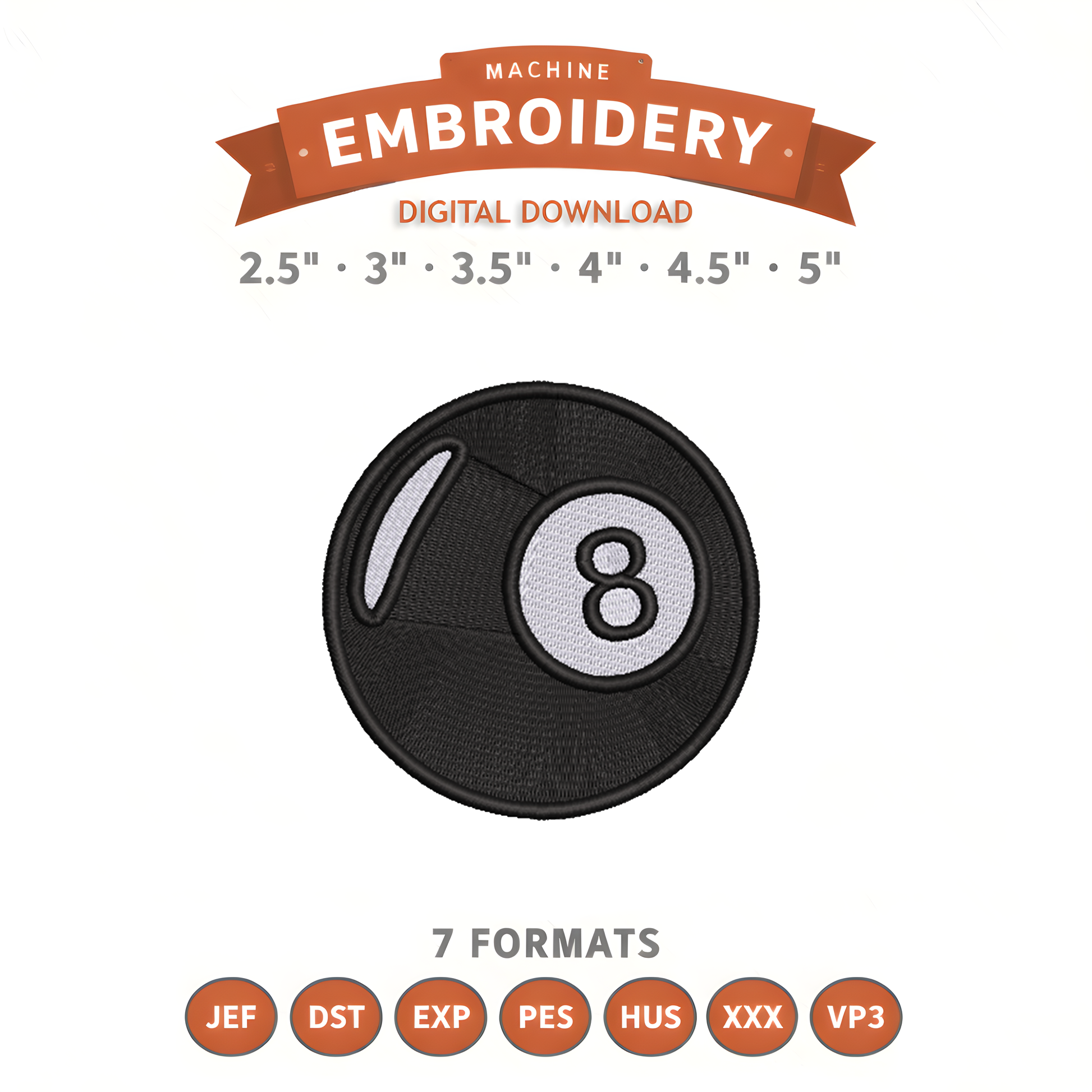 8 Ball Billiards Embroidery Design File | Digital Download | 6 Sizes & 7 Formats Included Threaded Dreams