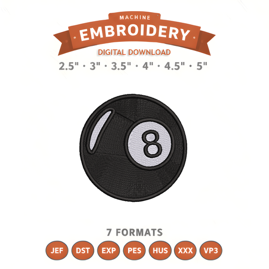 8 Ball Billiards Embroidery Design File | Digital Download | 6 Sizes & 7 Formats Included Threaded Dreams