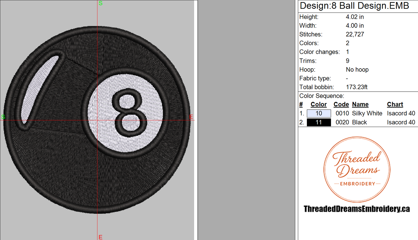 8 Ball Billiards Embroidery Design File | Digital Download | 6 Sizes & 7 Formats Included Threaded Dreams