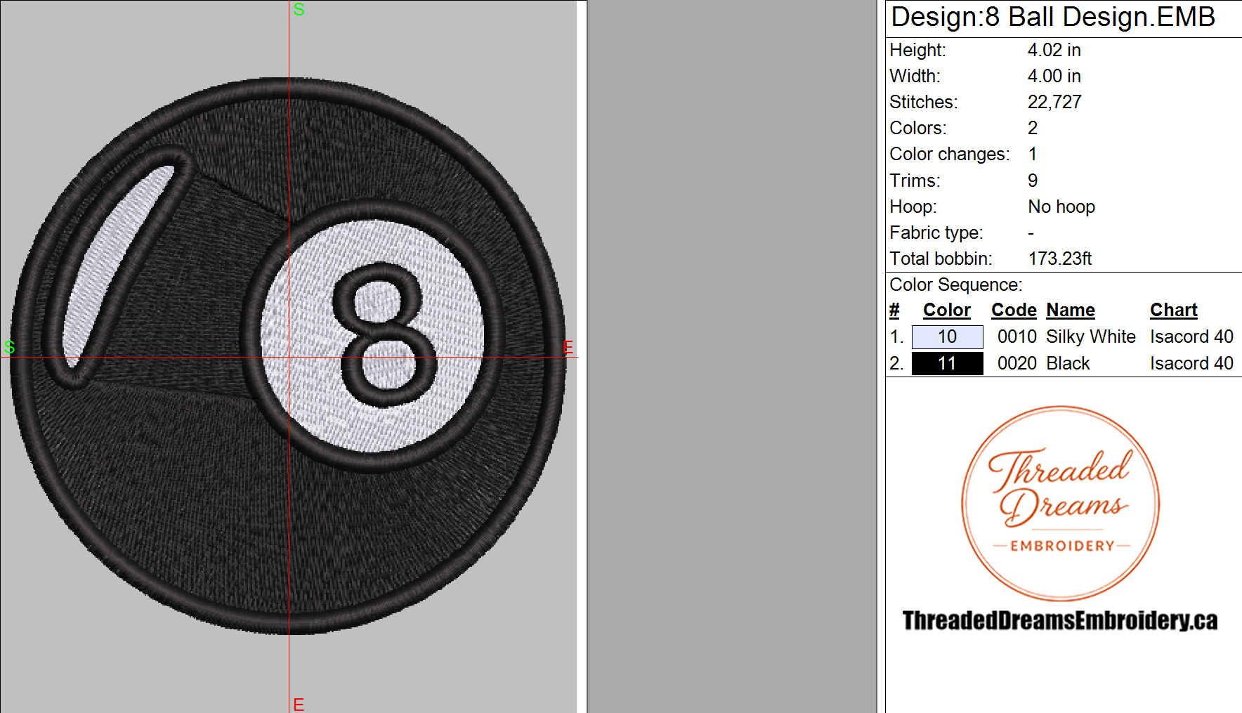 8 Ball Billiards Embroidery Design File | Digital Download | 6 Sizes & 7 Formats Included Threaded Dreams