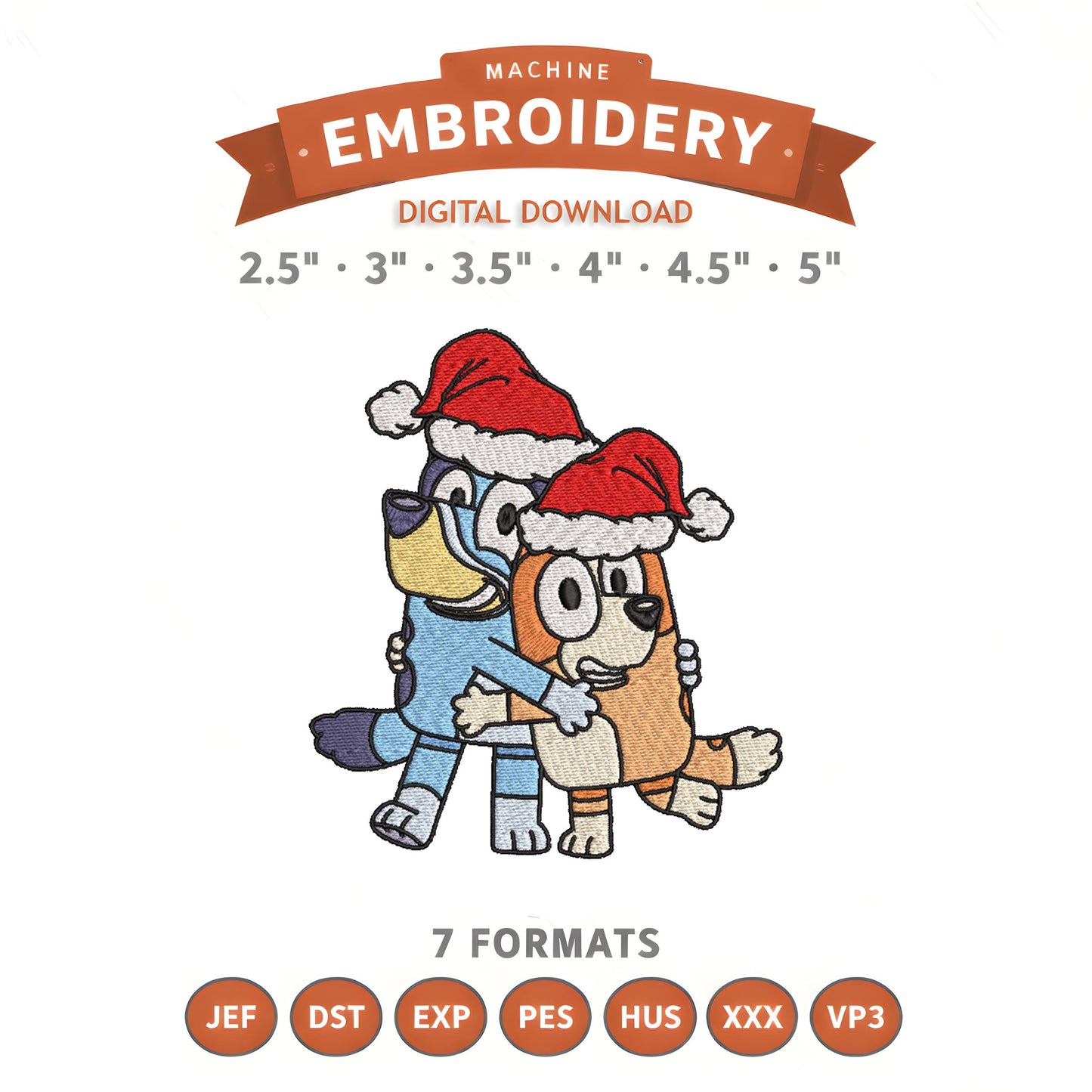 Bluey and Bingo Christmas Hats Embroidery Design File | Digital Download | 6 Sizes & 7 Formats Included