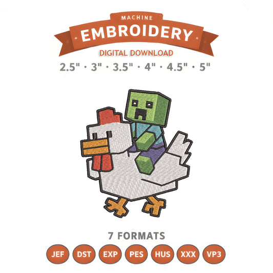 Minecraft Chicken Jockey Embroidery Design File | Digital Download | 6 Sizes & 7 Formats Included