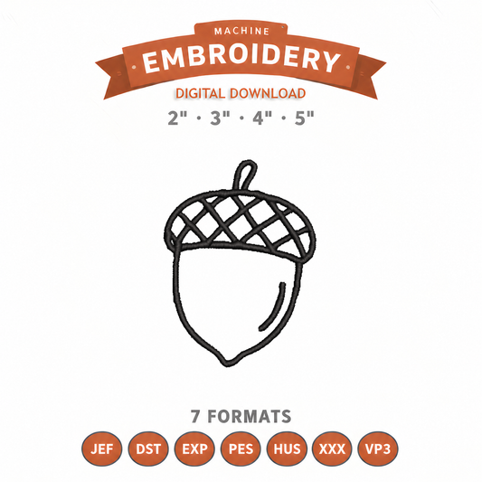 Acorn Outline Embroidery Design File | Digital Download | 4 Sizes & 7 Formats Included Threaded Dreams