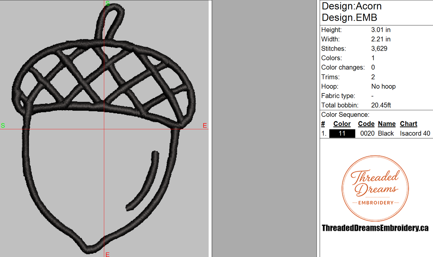Acorn Outline Embroidery Design File | Digital Download | 4 Sizes & 7 Formats Included Threaded Dreams