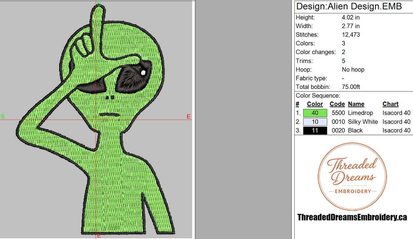 Alien Embroidery Design File | Digital Download | 6 Sizes & 7 Formats Included Threaded Dreams