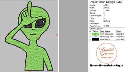 Alien Embroidery Design File | Digital Download | 6 Sizes & 7 Formats Included Threaded Dreams
