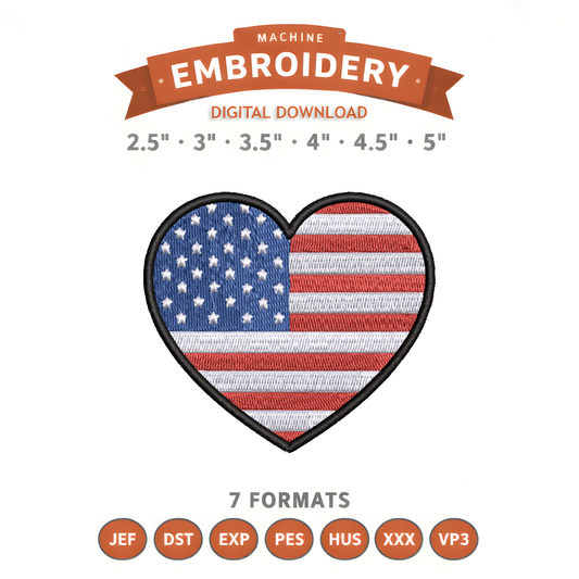 American Heart Embroidery Design File | Digital Download | 6 Sizes & 7 Formats Included