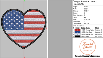 American Heart Embroidery Design File | Digital Download | 6 Sizes & 7 Formats Included