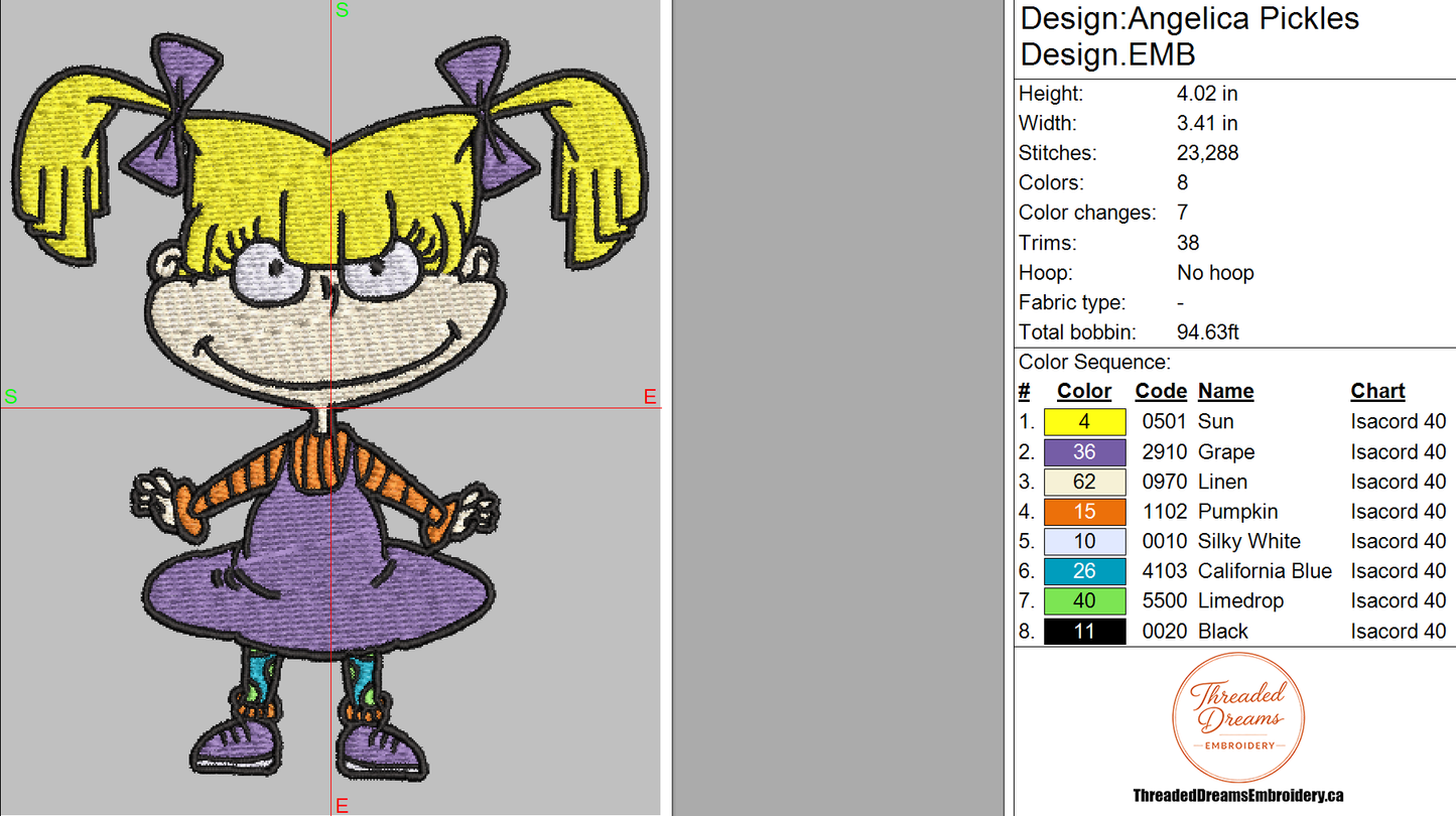 Rugrats Angelica Pickles Embroidery Design File | Digital Download | 6 Sizes & 7 Formats Included Threaded Dreams