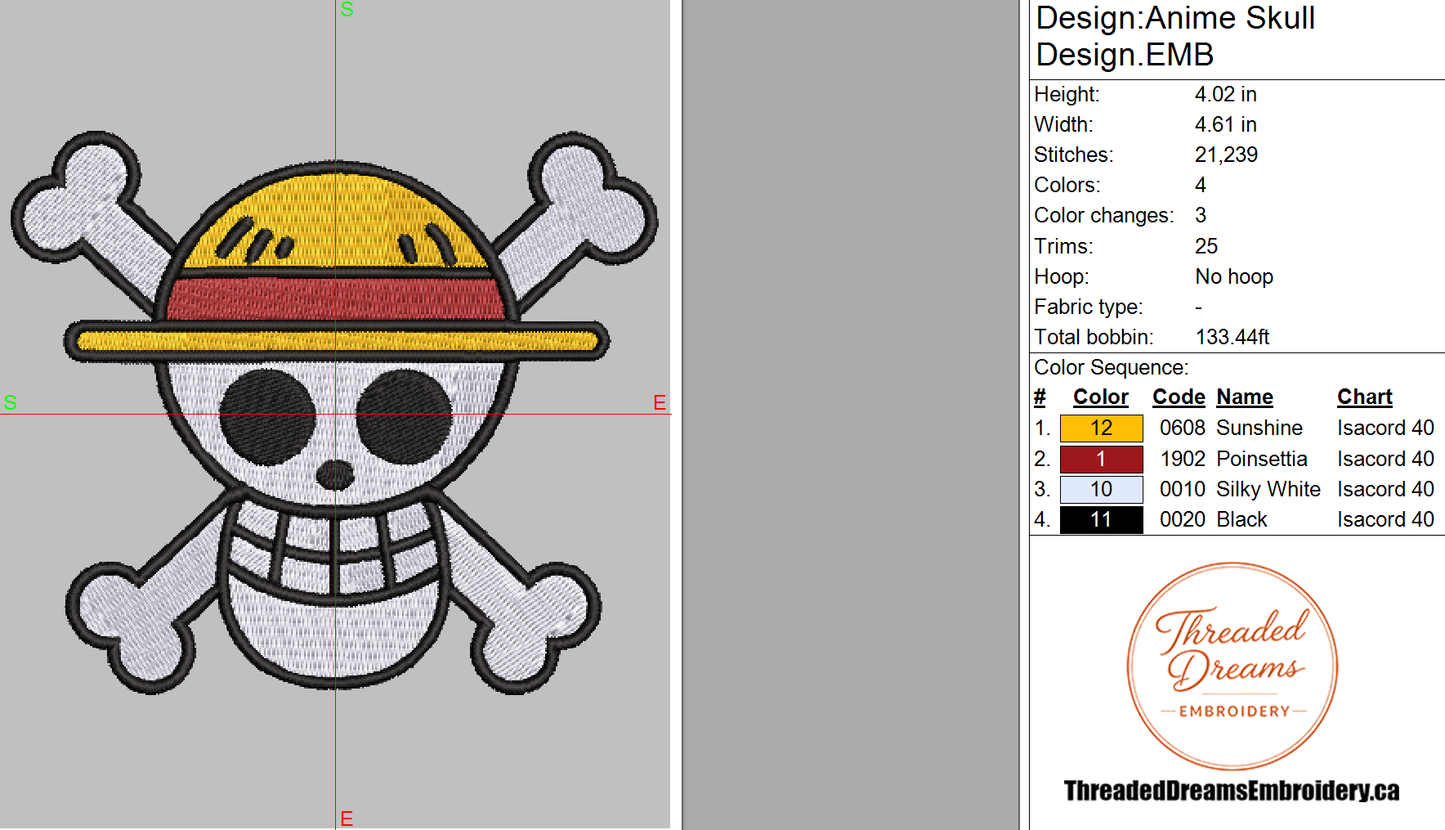 Anime Skull Embroidery Design File | Digital Download | 6 Sizes & 7 Formats Included Threaded Dreams