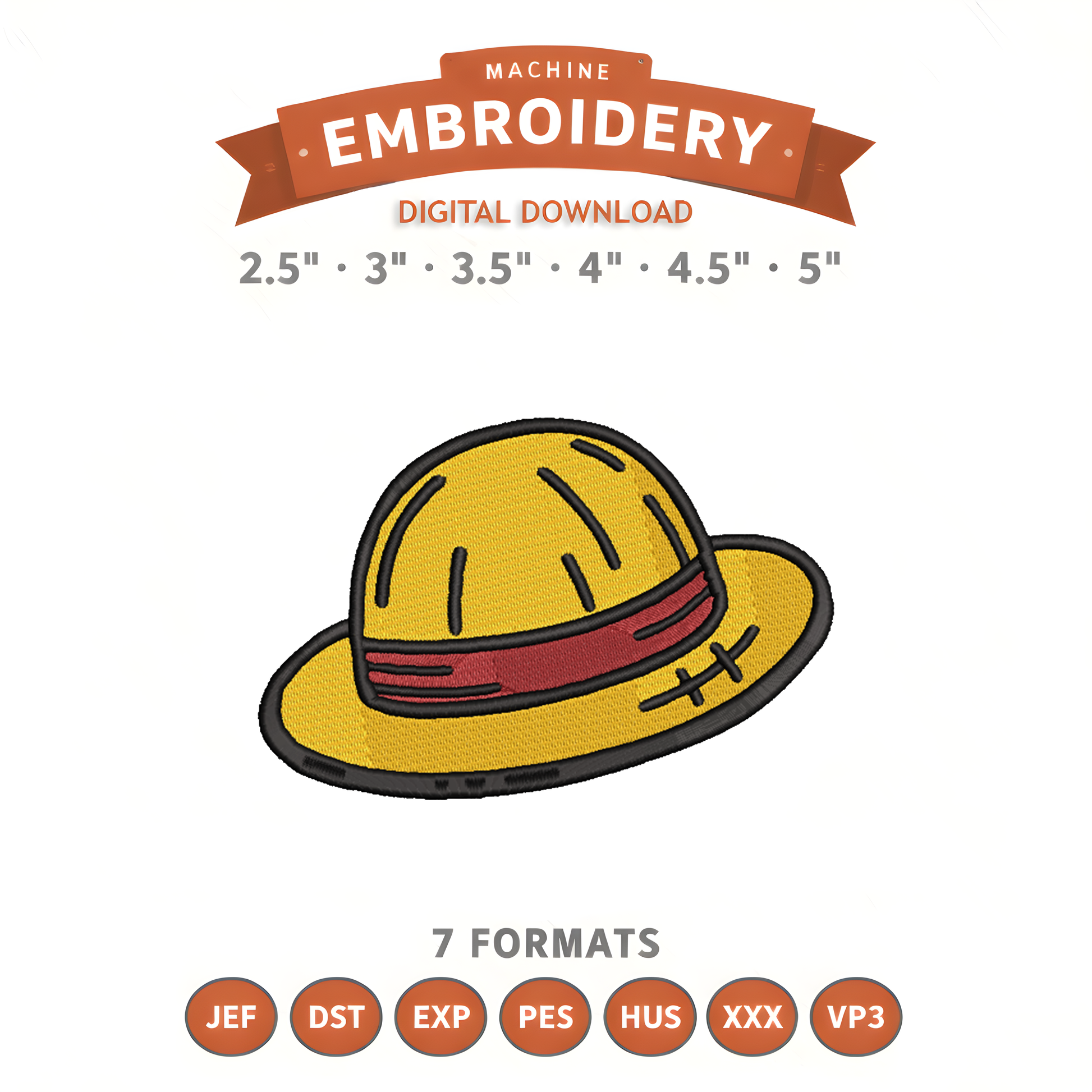 Anime Straw Hat Embroidery Design File | Digital Download | 6 Sizes & 7 Formats Included Threaded Dreams