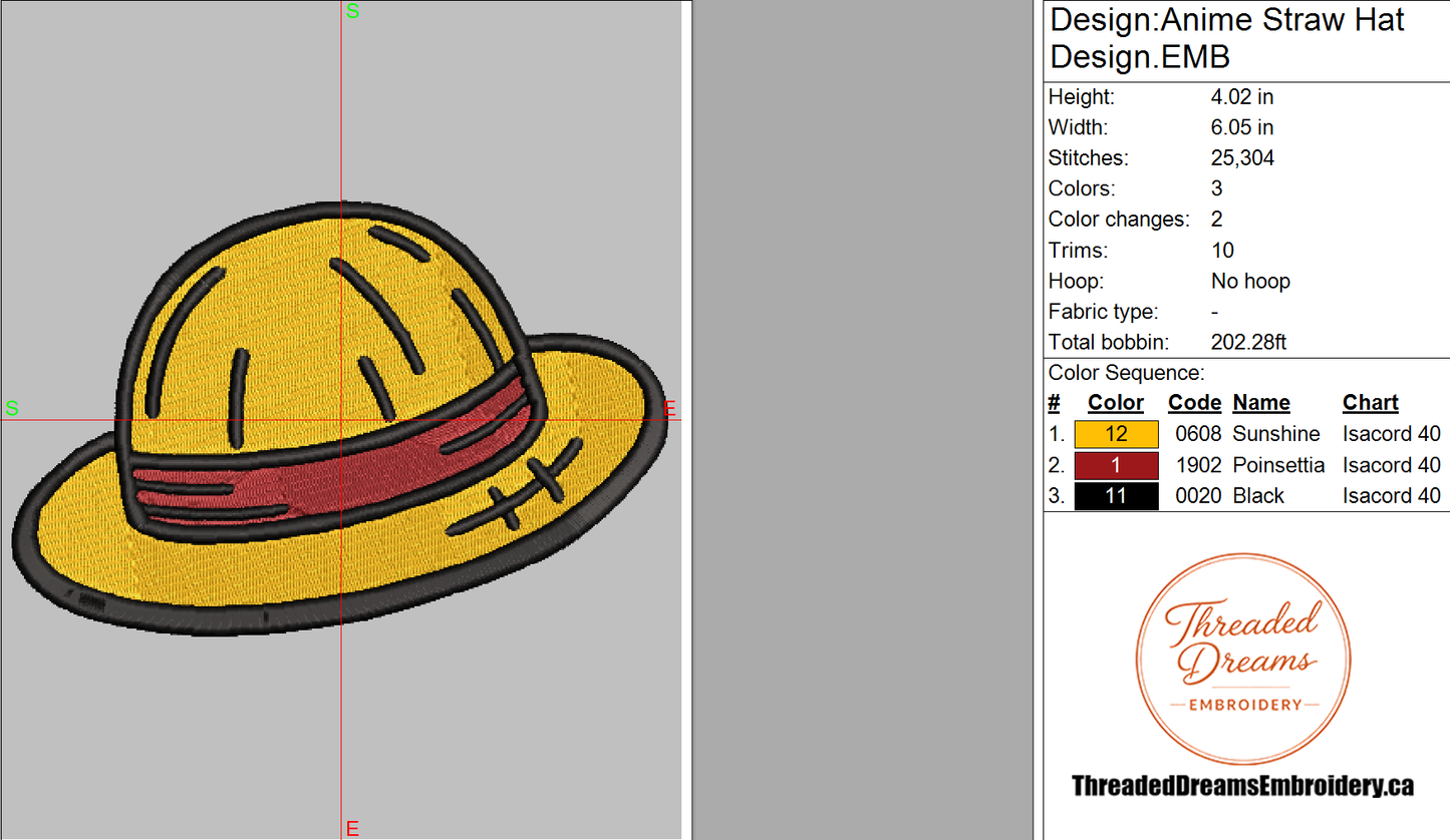 Anime Straw Hat Embroidery Design File | Digital Download | 6 Sizes & 7 Formats Included Threaded Dreams