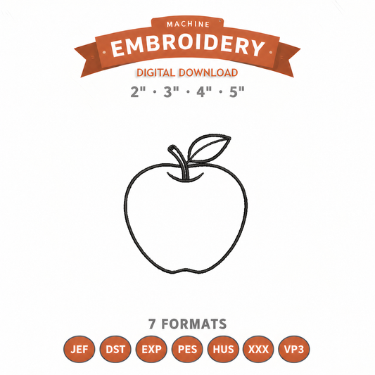 Apple Outline Embroidery Design File | Digital Download | 4 Sizes & 7 Formats Included Threaded Dreams