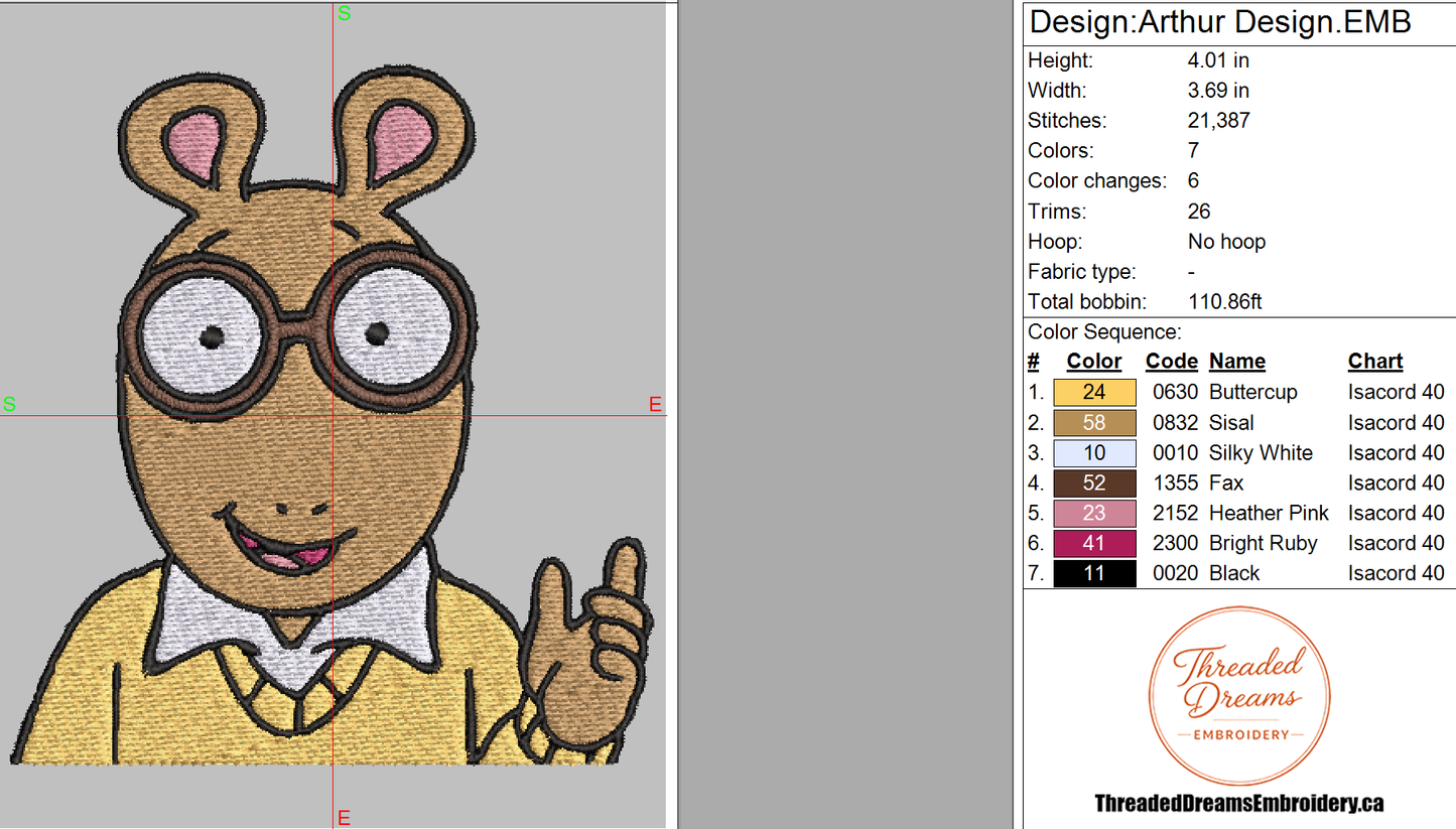 Arthur Embroidery Design File | Digital Download | 6 Sizes & 7 Formats Included Threaded Dreams
