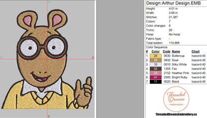 Arthur Embroidery Design File | Digital Download | 6 Sizes & 7 Formats Included Threaded Dreams