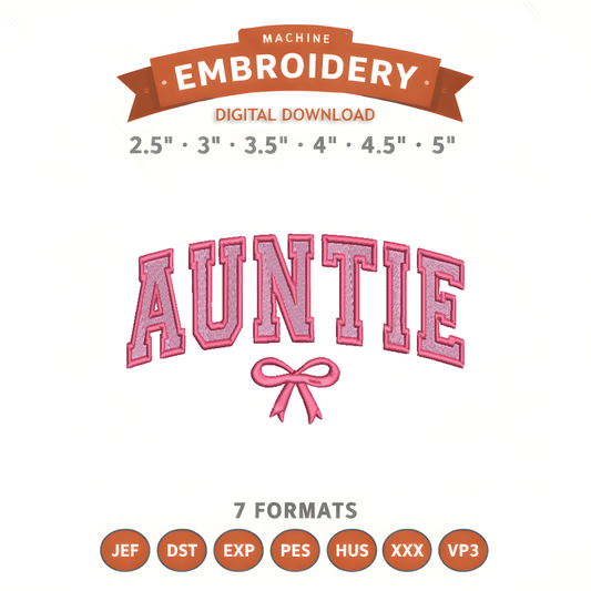 Auntie Bow Embroidery Design File | Digital Download | 6 Sizes & 7 Formats Included Threaded Dreams