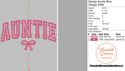 Auntie Bow Embroidery Design File | Digital Download | 6 Sizes & 7 Formats Included Threaded Dreams