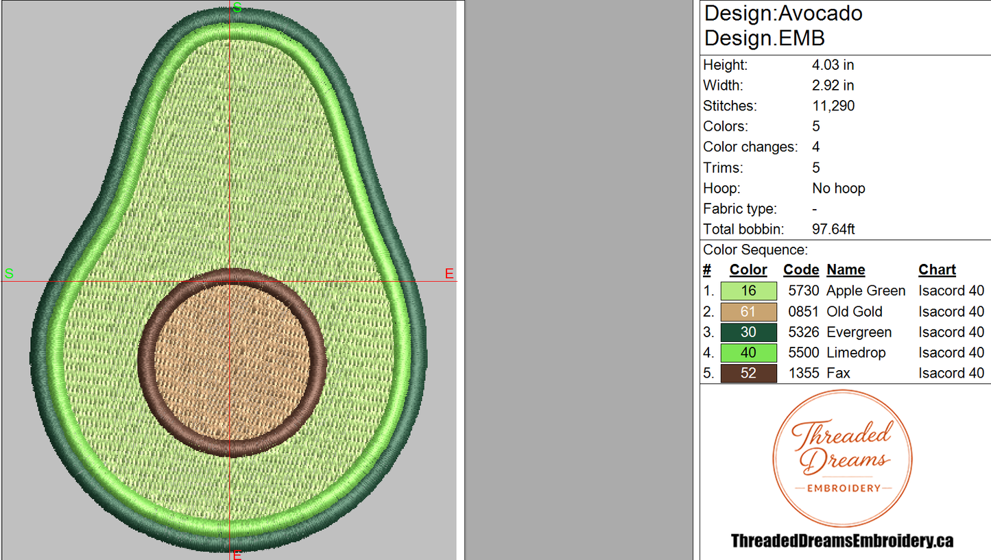 Avocado Embroidery Design File | Digital Download | 6 Sizes & 7 Formats Included Threaded Dreams