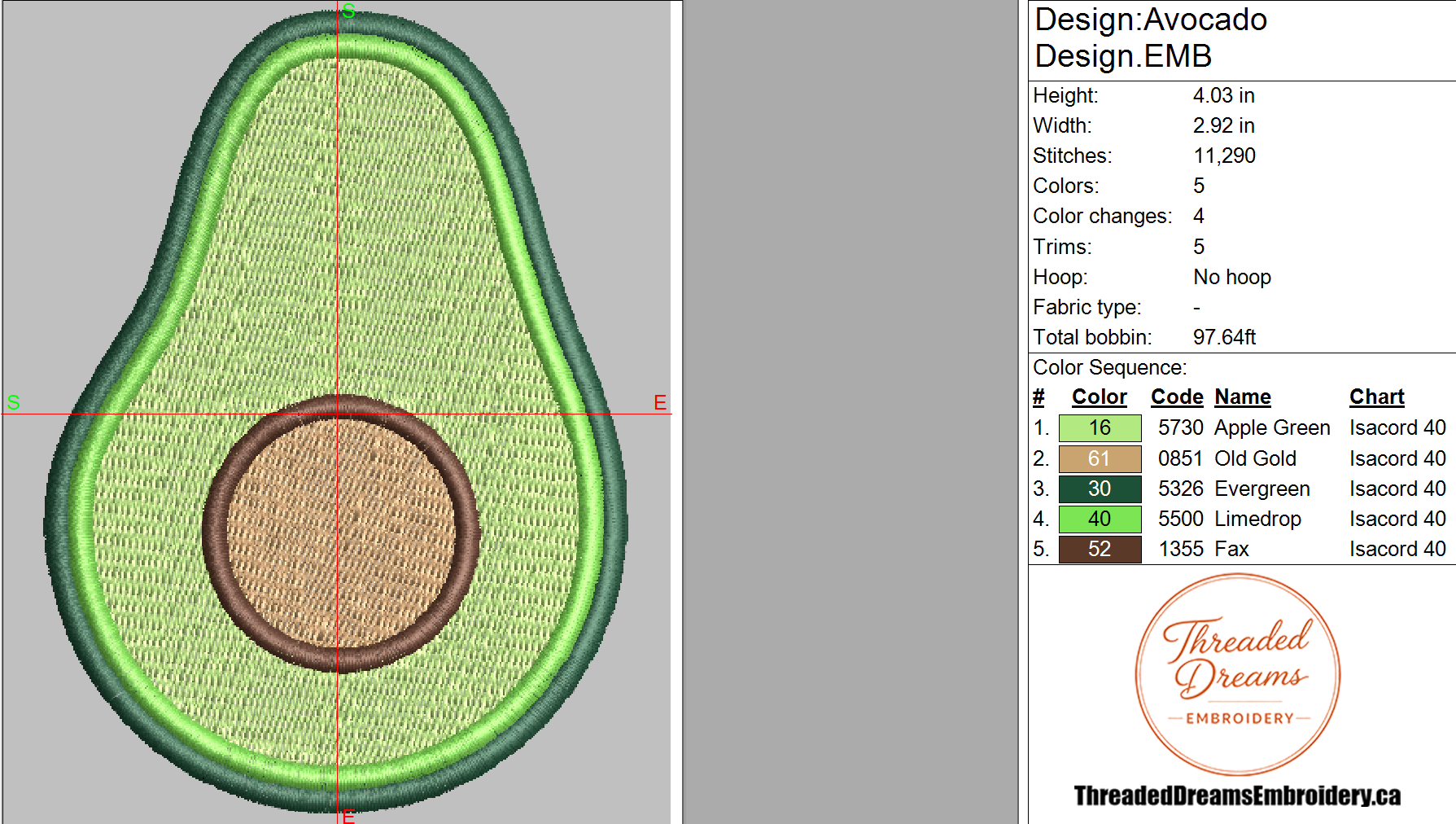 Avocado Embroidery Design File | Digital Download | 6 Sizes & 7 Formats Included Threaded Dreams