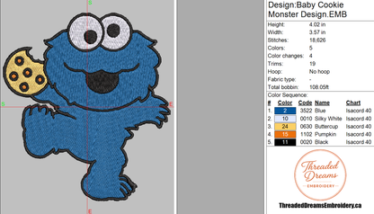 Cookie Monster Baby Sesame Street Embroidery Design File | Digital Download | 6 Sizes & 7 Formats Included Threaded Dreams