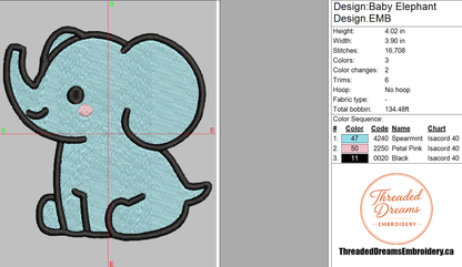 Baby Elephant Embroidery Design File | Digital Download | 6 Sizes & 7 Formats Included Threaded Dreams