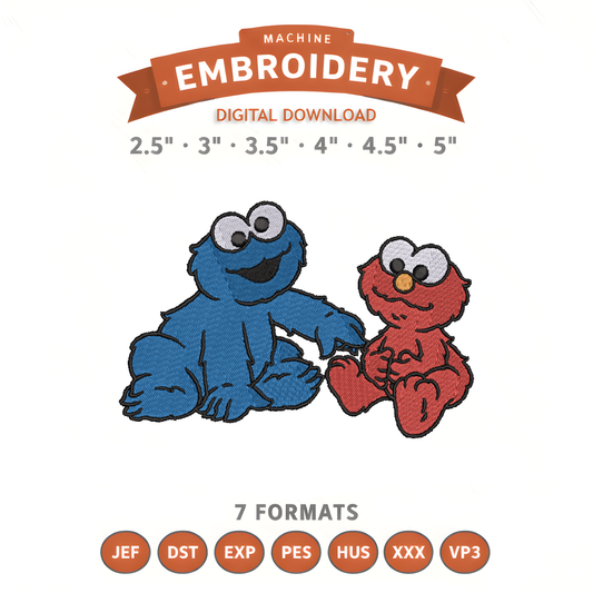 Elmo and Cookie Monster Baby Sesame Street Embroidery Design File | Digital Download | 6 Sizes & 7 Formats Included Threaded Dreams