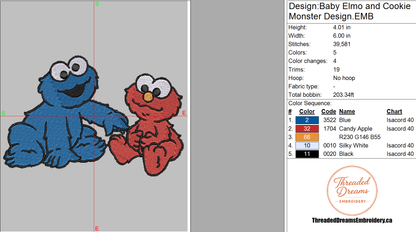Elmo and Cookie Monster Baby Sesame Street Embroidery Design File | Digital Download | 6 Sizes & 7 Formats Included Threaded Dreams