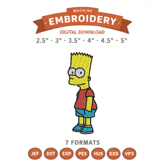 Bart Simpson Embroidery Design File | Digital Download | 6 Sizes & 7 Formats Included Threaded Dreams