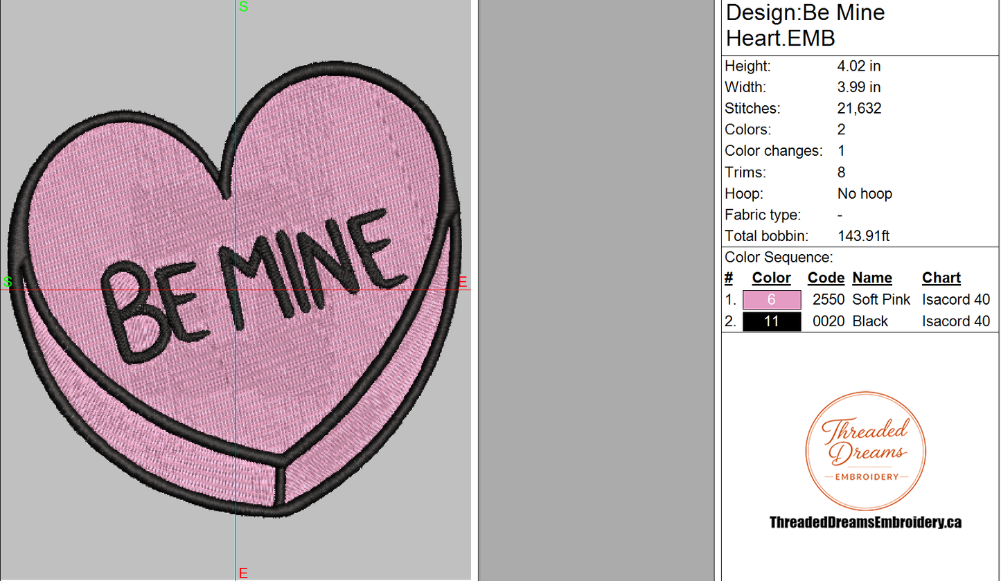 Be Mine Heart Embroidery Design File | Digital Download | 6 Sizes & 7 Formats Included (Copy) Threaded Dreams