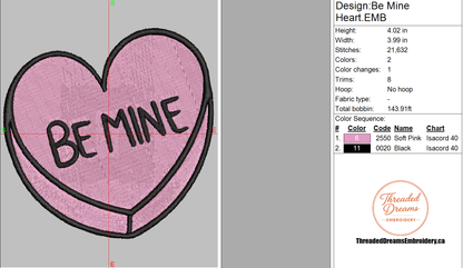 Be Mine Heart Embroidery Design File | Digital Download | 6 Sizes & 7 Formats Included (Copy) Threaded Dreams