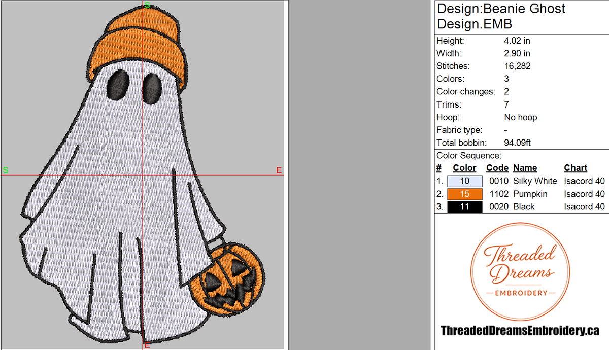 Ghost with Beanie Embroidery Design File | Digital Download | 6 Sizes & 7 Formats Included Threaded Dreams