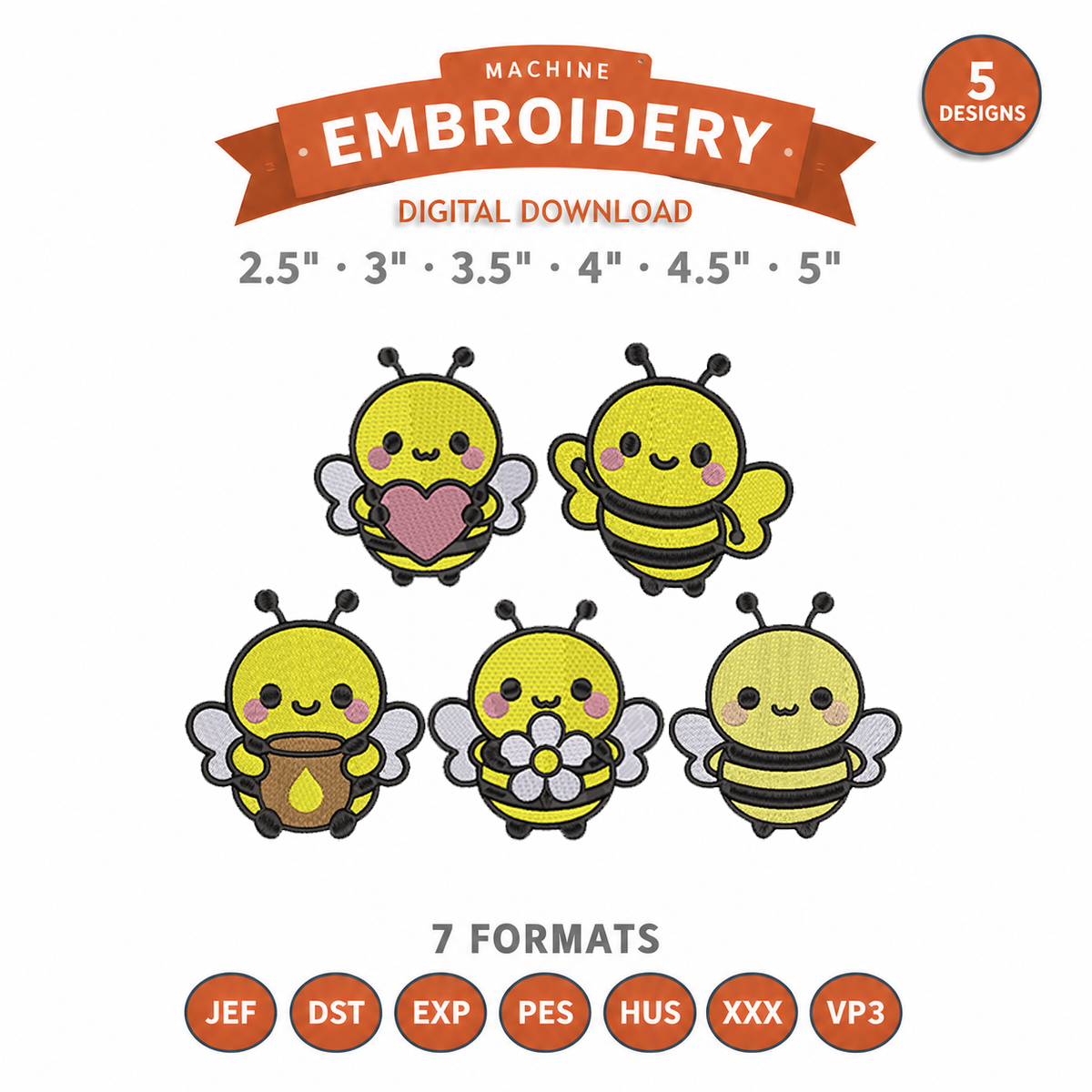Bumblebee Machine Embroidery Bundle, 5 Kawaii Bee Designs, 5 Designs, 6 Sizes & 7 Formats Threaded Dreams