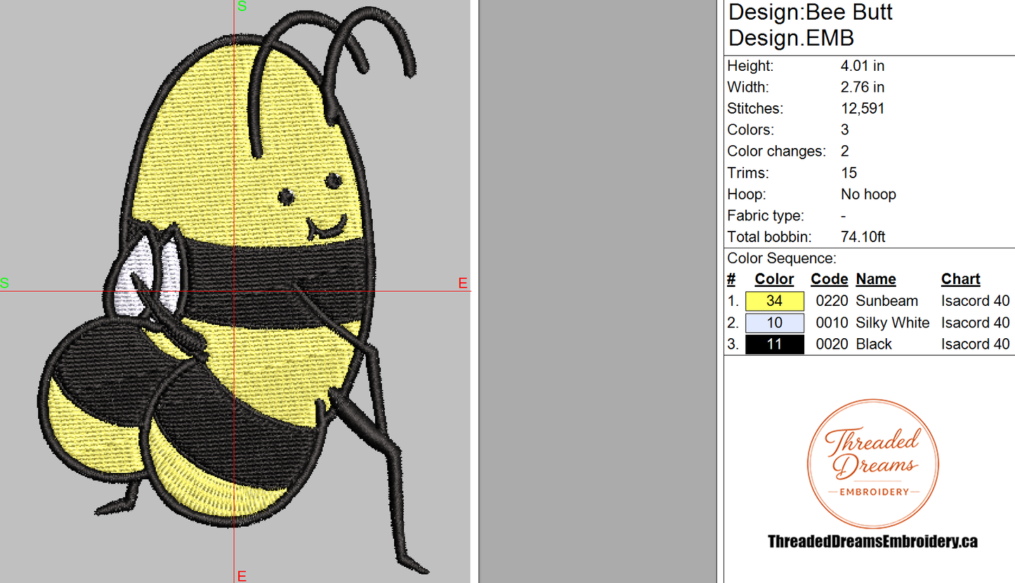 Bee Butt Embroidery Design File | Digital Download | 6 Sizes & 7 Formats Included Threaded Dreams